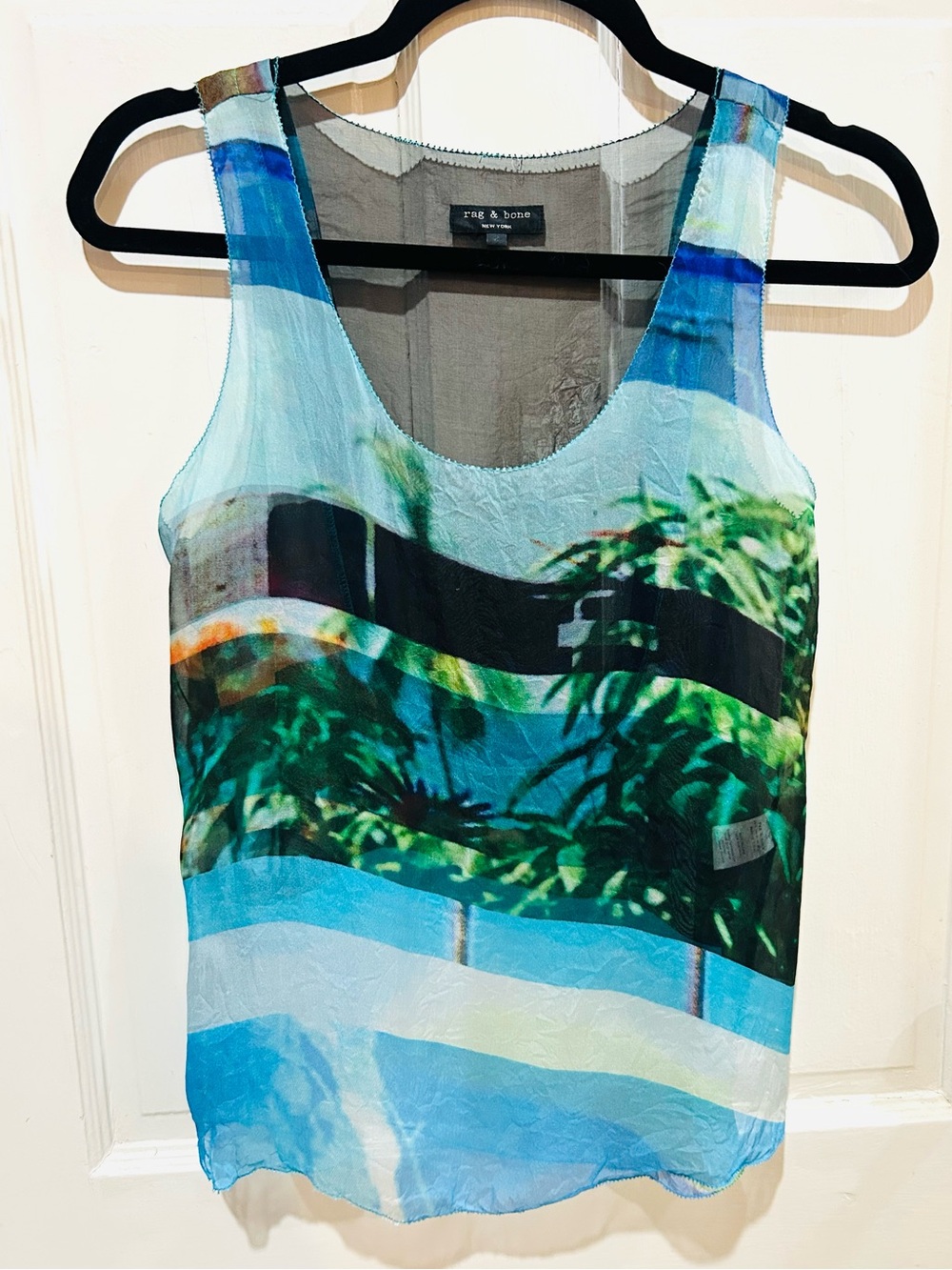 RAG & BONE 100% Silk Graphic Print Sheer Tank Top California Palm Trees Size 2